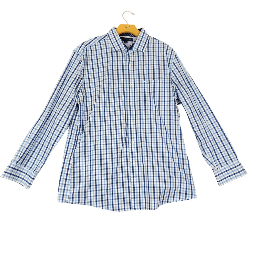 Tommy Hilfiger Mens Slim Fit Gingham Dress Shirt Blue White 16.5 32-33